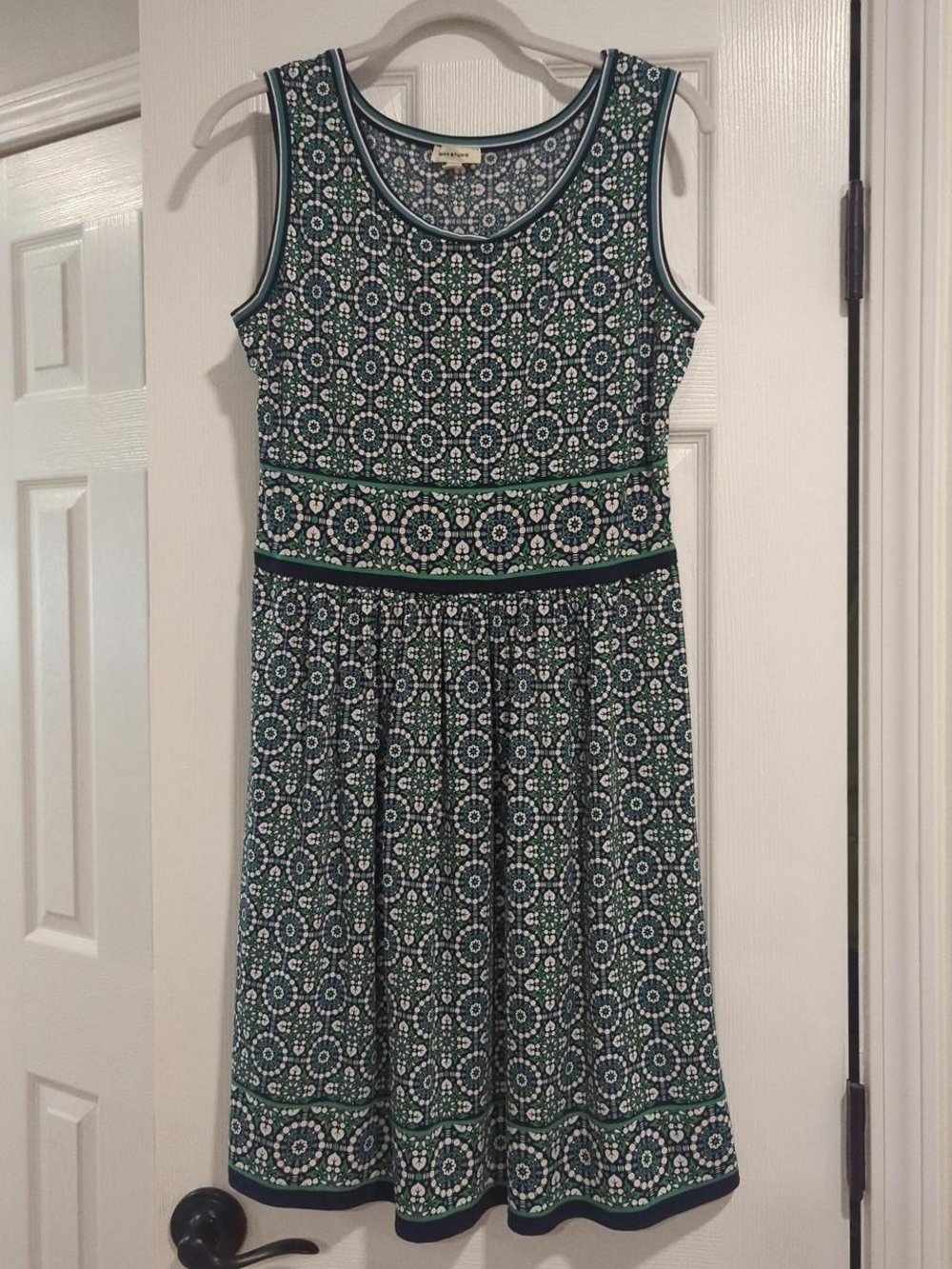 Max Studio Navy, Green & White Patterned Dress